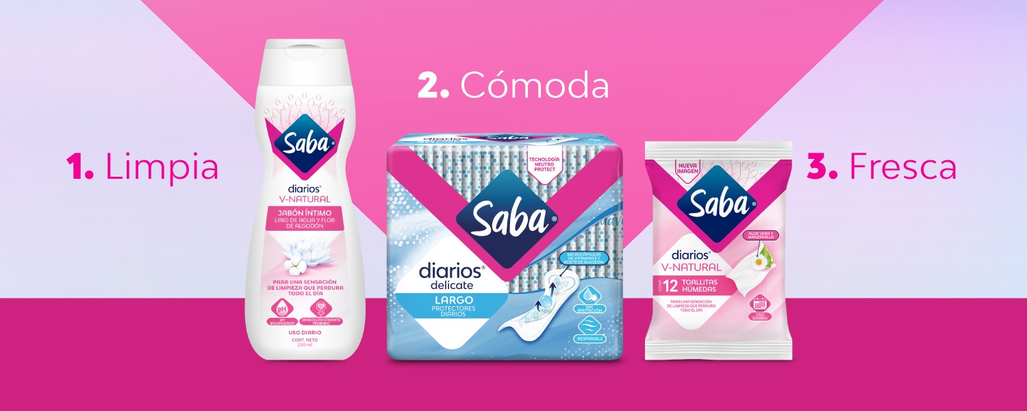 Imagen de los 3 productos de la rutina diaria de cuidado intimo sobre un fondo rosa - Saba