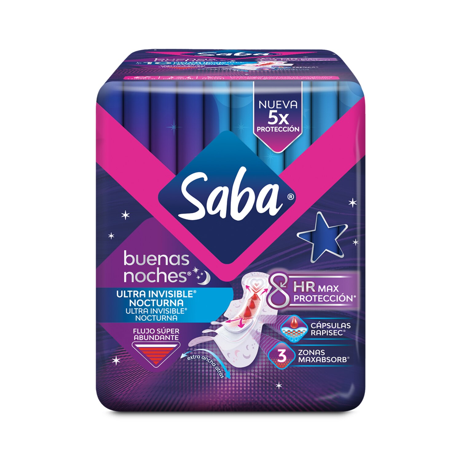 Saba® Ultra Invisible® Buenas Noches® Toallas Ultradelgadas Nocturnas con alas