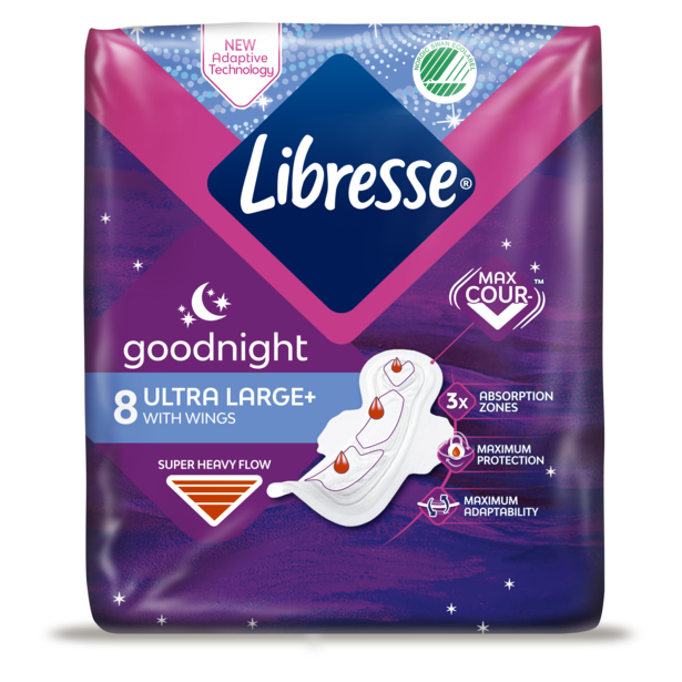 A pack of Libresse Goodnight Ultra Large+ menstrual pads 