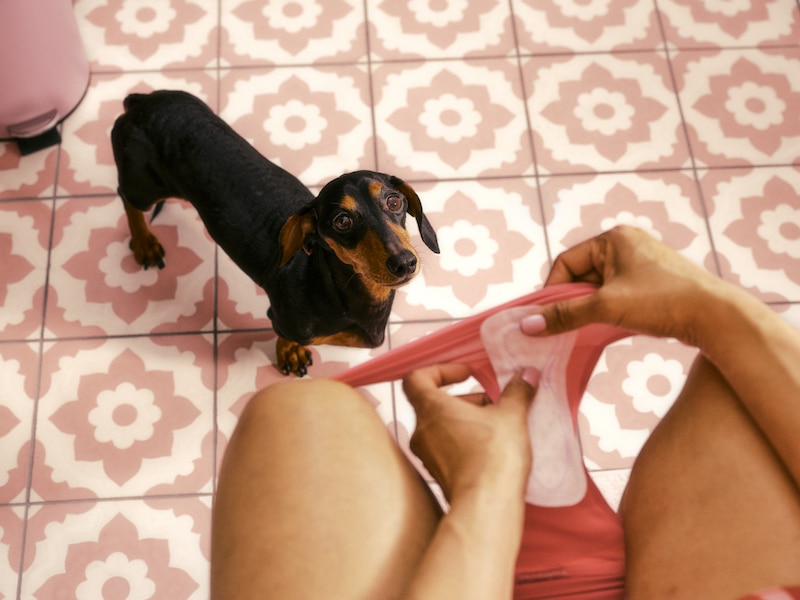 Mujer en su baño poniéndose un protector diario