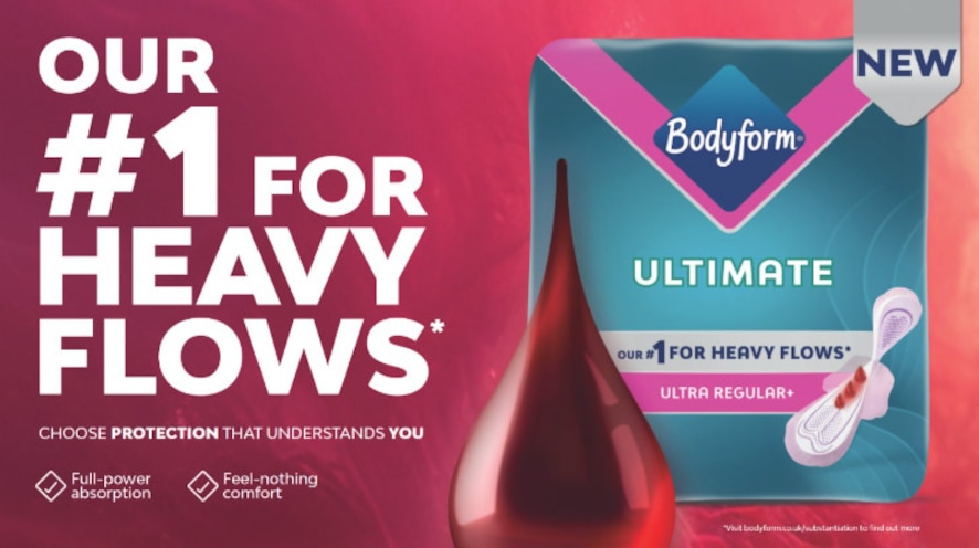 Pack of Bodyform Ultimate period pads next to text "Our #1 for heavy flows"