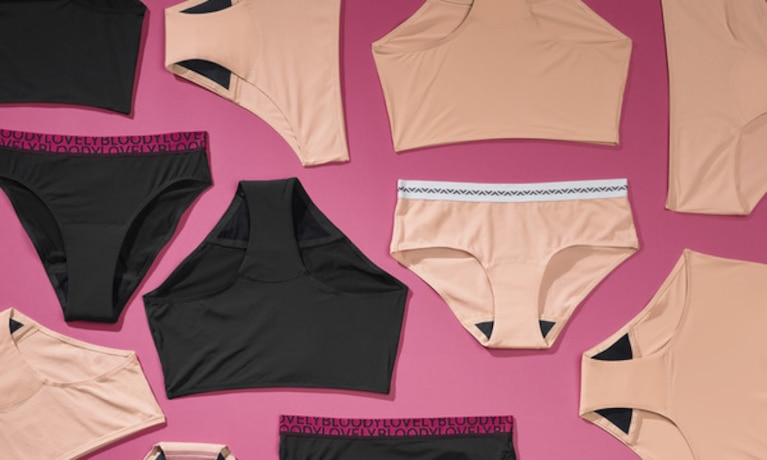 Bodyform period pants layout on pink floor