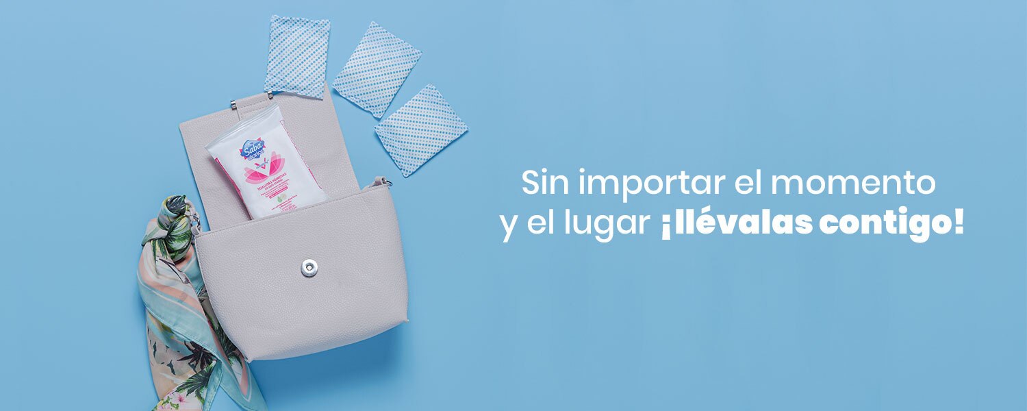 Imagen de una cartera y el texto Llevalas adonde quieras sobre un fondo celeste - Saba